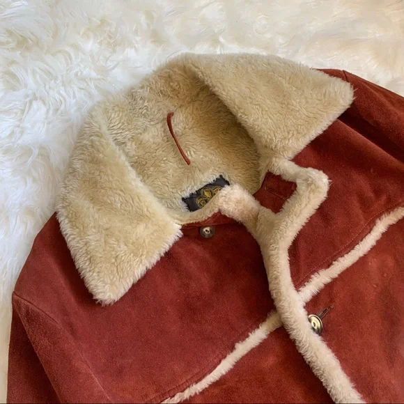 RARE vintage 70s burnt orange genuine suede Sherpa retro coat size XL - Picture 10 of 16